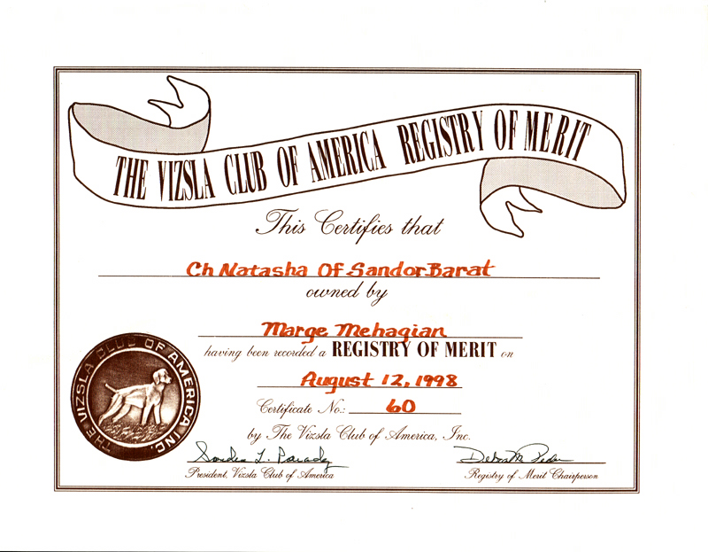 Registry of Merit Certificate from the Vizsla Club of America